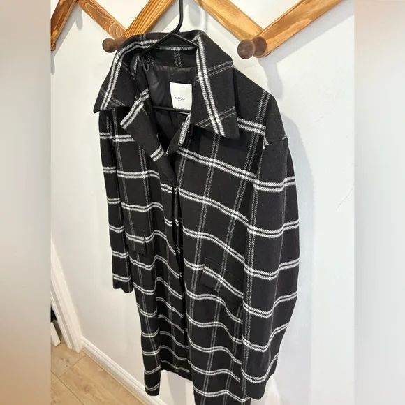 MANGO CHECKERED LONG WOOL BLEND COAT- XS - Picture 4 of 9